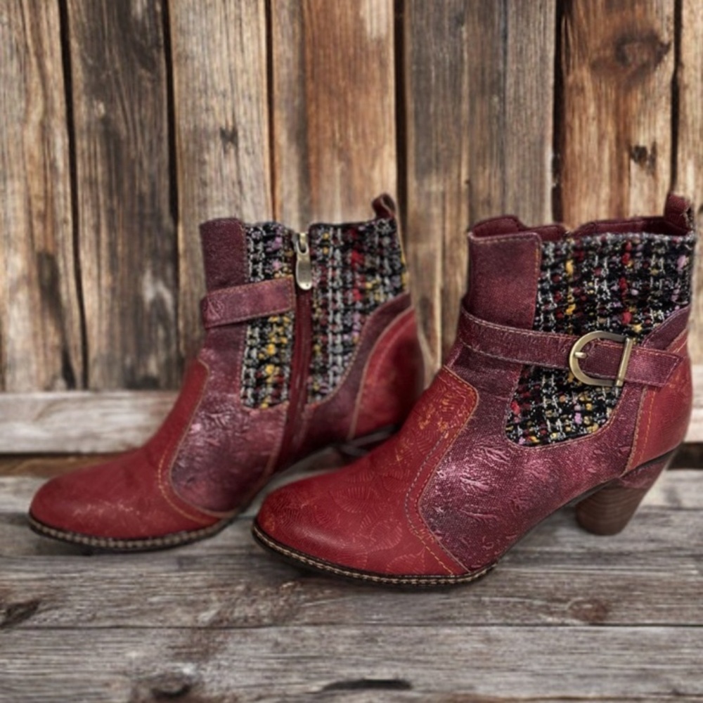 L'Atiste by Spring Step Nancies Burgundy Leather Tweed Ankle Boots Size EU 39 - Picture 15 of 17
